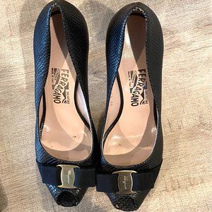 Salvatore Ferragamo Black Peep Toe Pumps with Vara Bow Accent